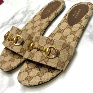 Gucci Beige/Tan Monogram Horsebit Slide Sandals